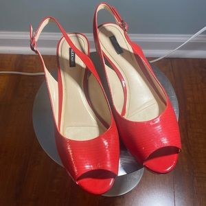 Alex Marie Red Peep-Toe Slingback Heels with Textured Patent Finish